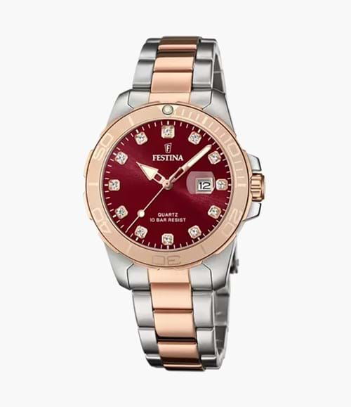 Orologio da donna Festina in acciaio bicolore e quadrante rosso e pietre