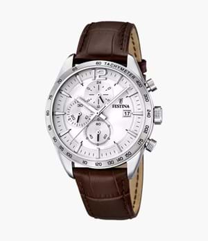 Orologio da uomo Festina con cronometro, quadrante grigio e cinturino in pelle marrone