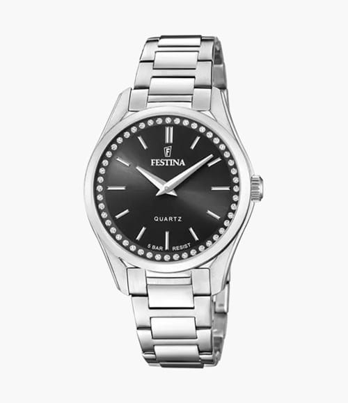 Orologio in acciaio Festina da donna con quadrante nero e pietre bianche sul quadrante
